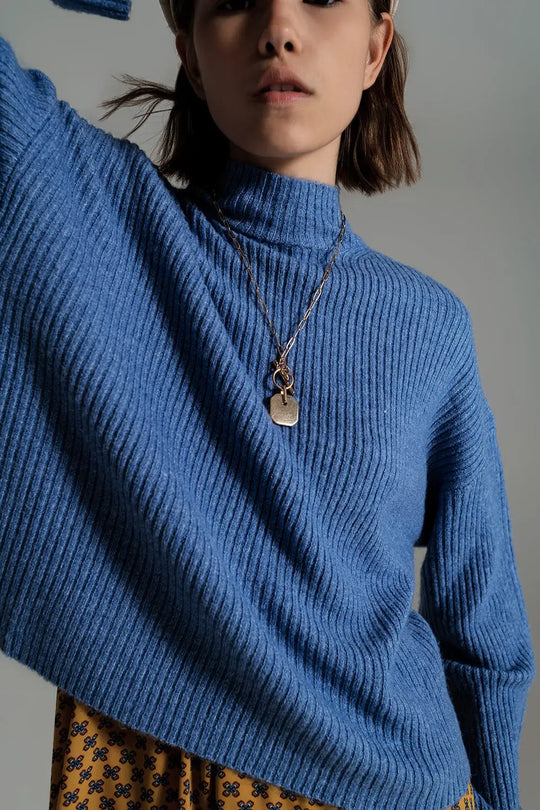 Blue soft ribbed turtleneck jumper - Sweaters