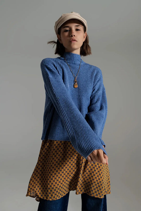 Blue soft ribbed turtleneck jumper - Sweaters
