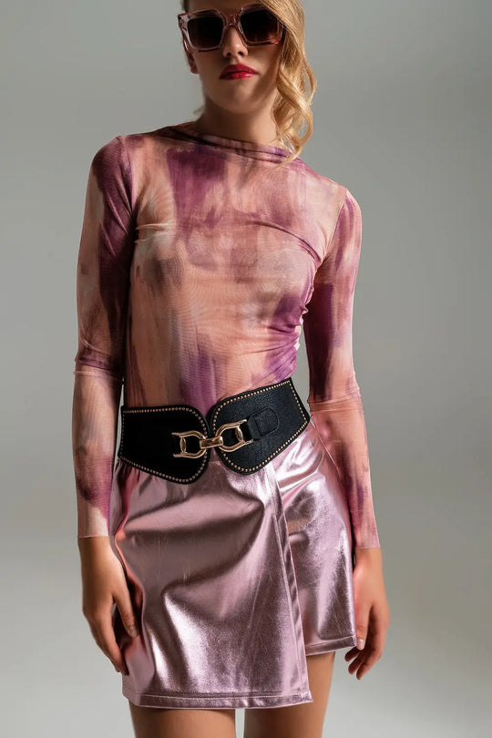 Mesh Top Rouched At The Side In Abstract Pink Print - T-Shirts
