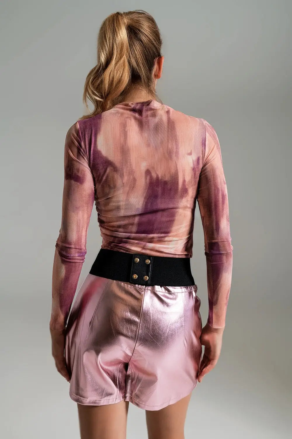 Mesh Top Rouched At The Side In Abstract Pink Print - T-Shirts