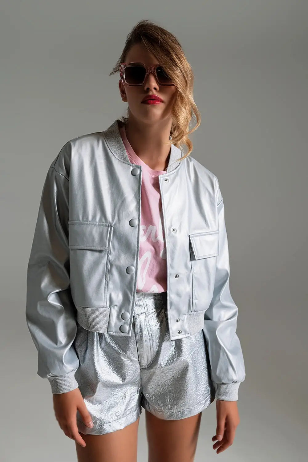 Metallic Bomber Jacket With Front Pockets in Silver - Jackets