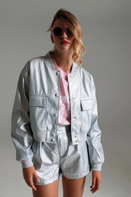 Metallic Bomber Jacket With Front Pockets in Silver - Jackets