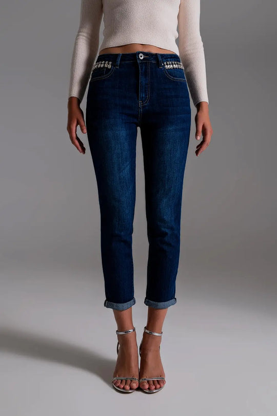 Jeans With strass Fringe At Pockets In Dark Wash