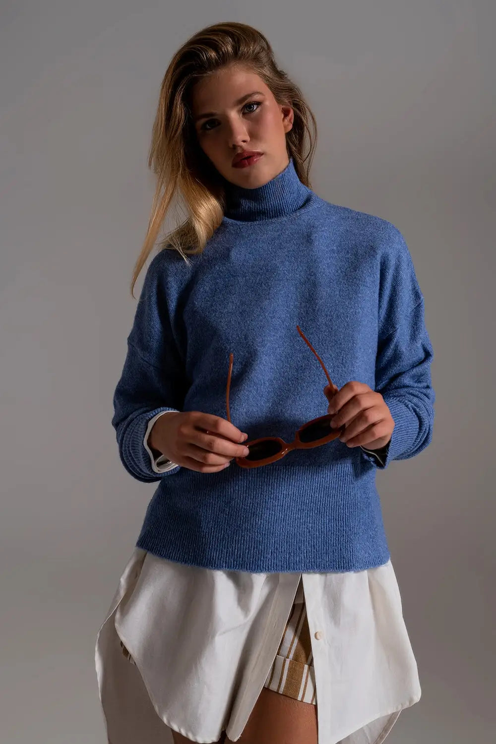Blue turtleneck sweater in a soft knitted fabric - Sweaters