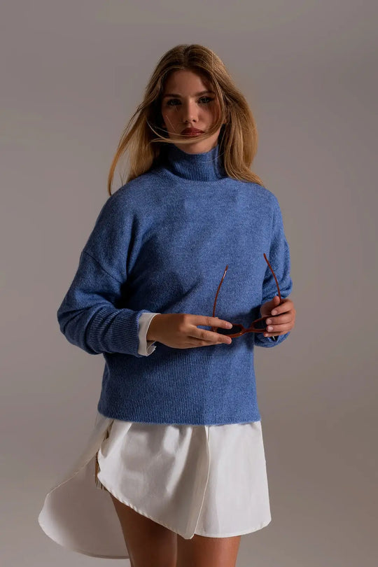 Blue turtleneck sweater in a soft knitted fabric - Sweaters