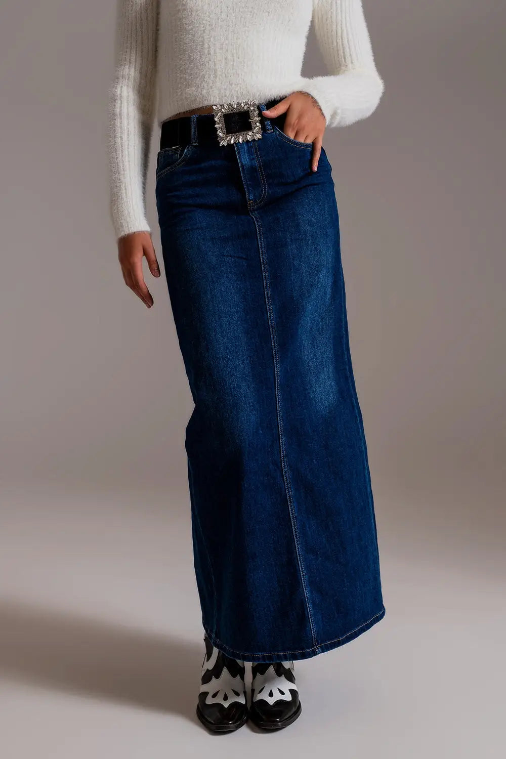 Full Length Stretch Denim 90’s Skirt in Dark Wash - Skirts