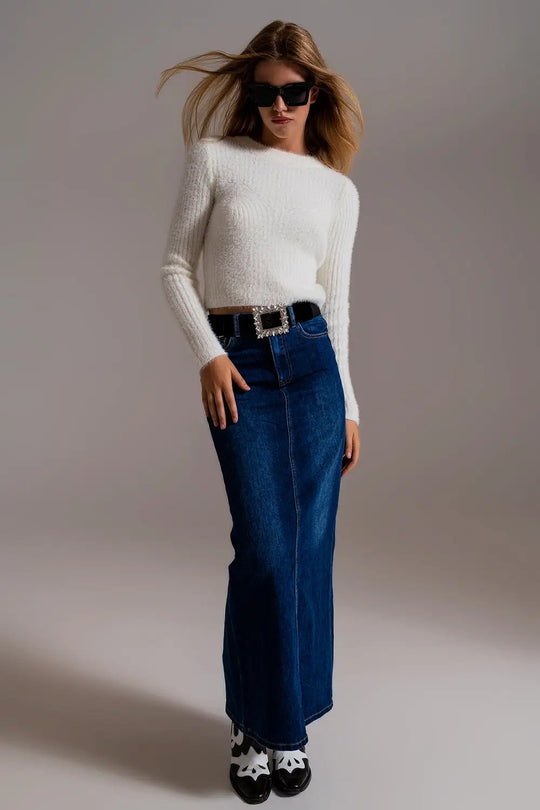 Full Length Stretch Denim 90’s Skirt in Dark Wash - Skirts