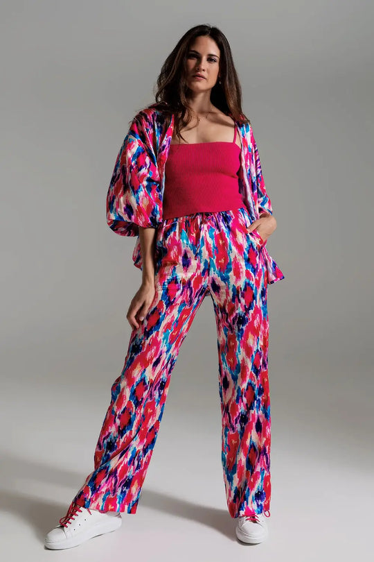 Palazzo Style Pants in Abstract Pink and Blue Print - Pants