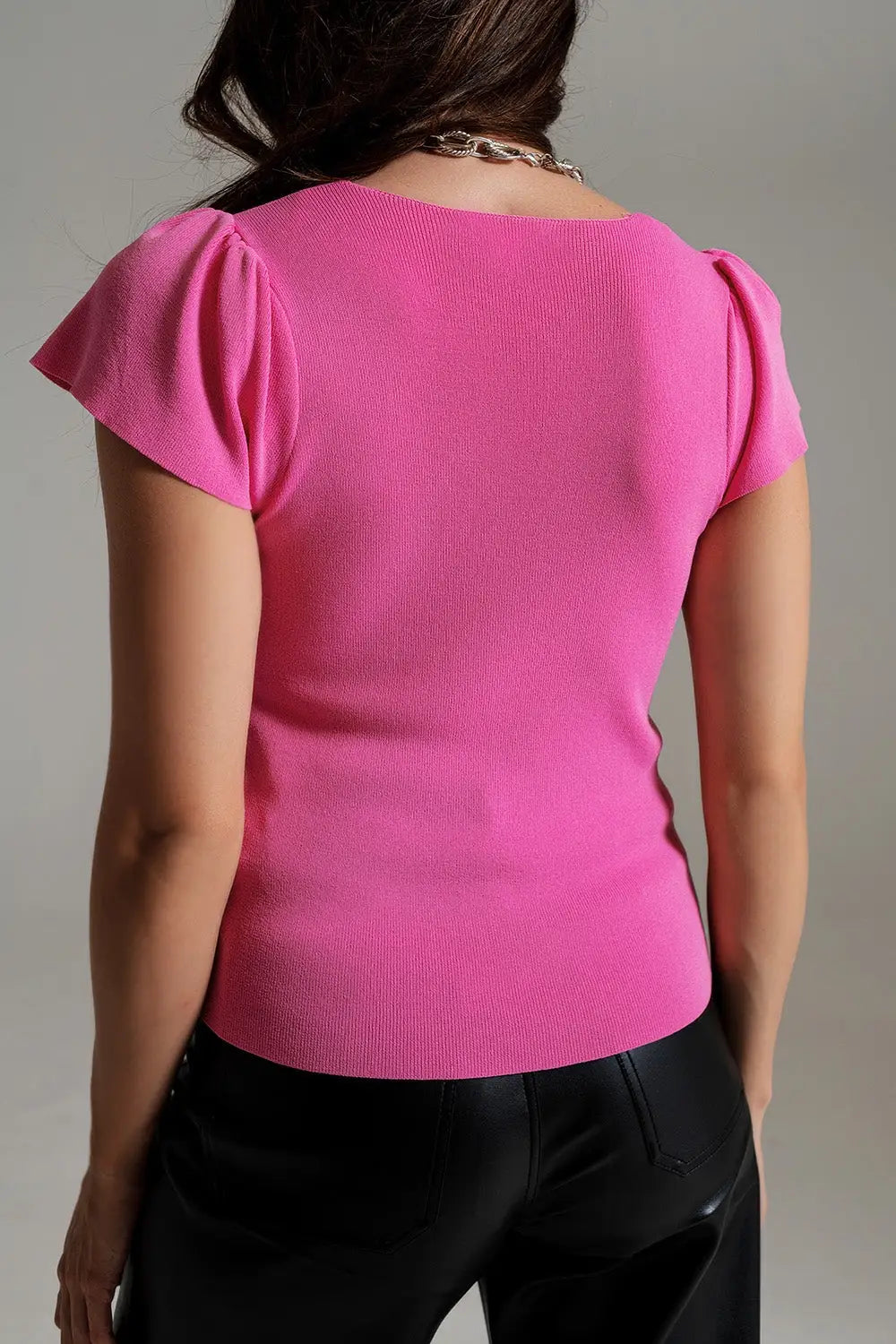 square neck puff sleeve sweater in pink - Sweaters