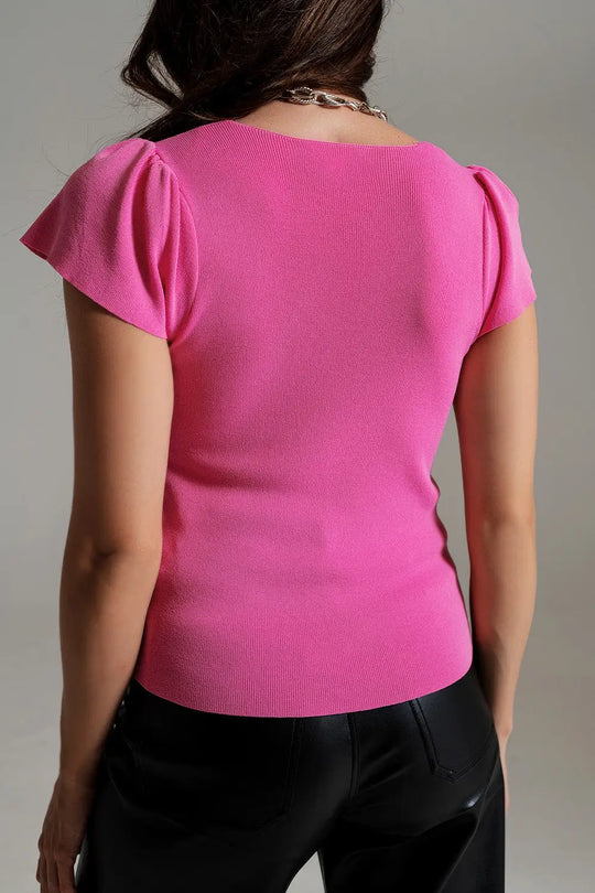 square neck puff sleeve sweater in pink - Sweaters