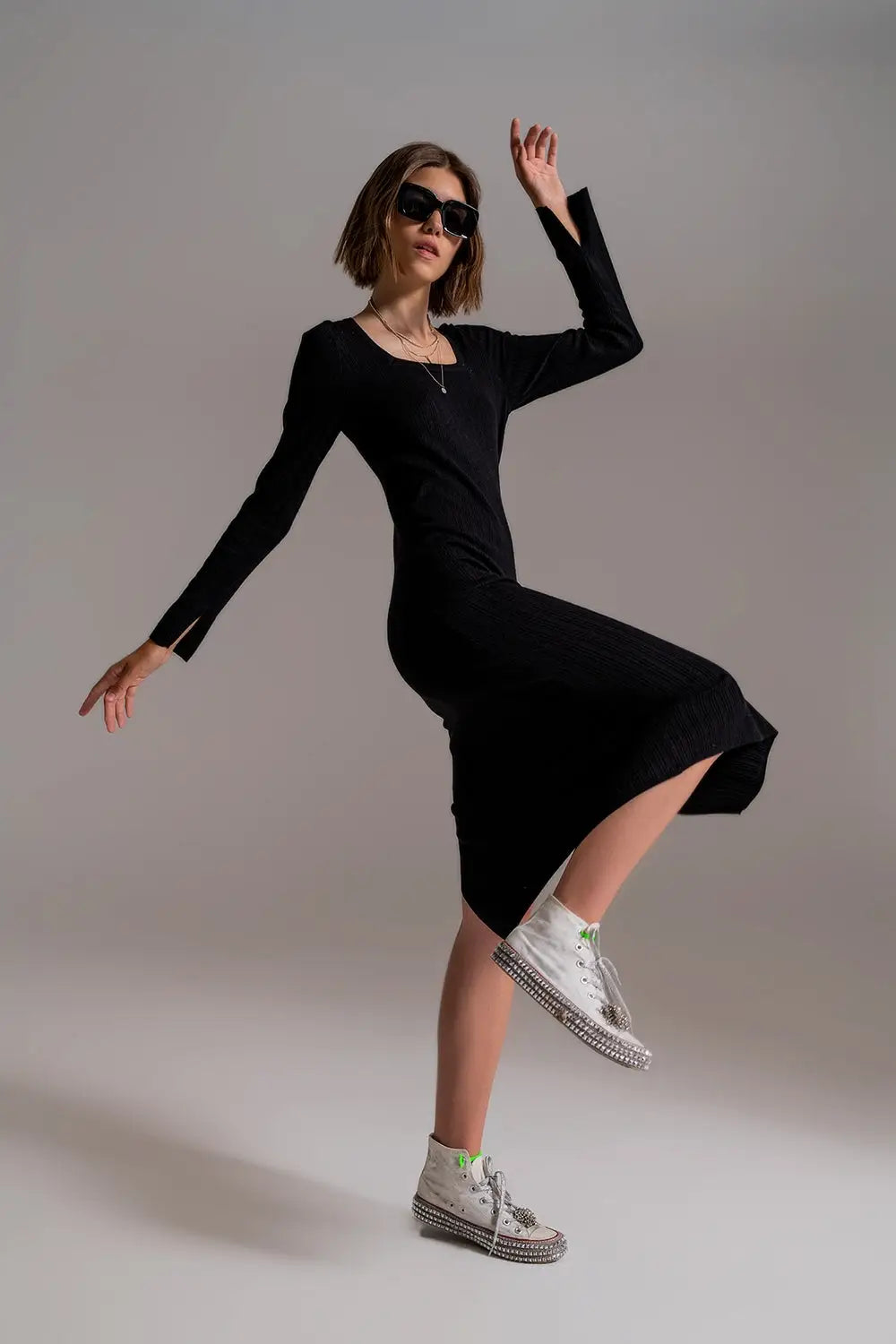 Midi Knit Dress With Square Neckline in Black - Dresses