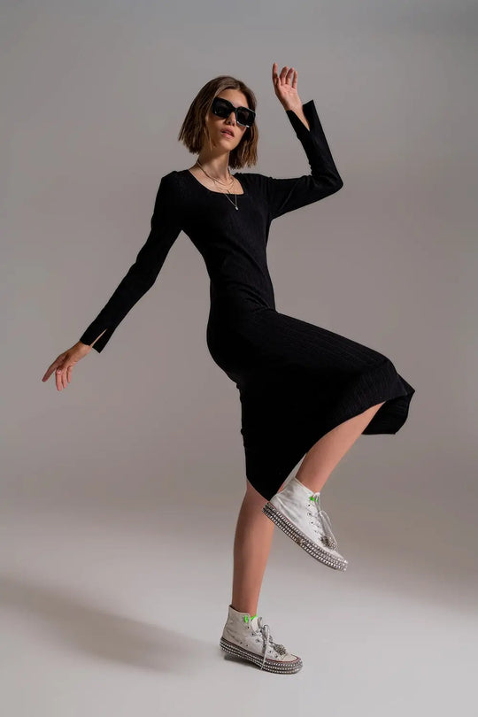 Midi Knit Dress With Square Neckline in Black - Dresses
