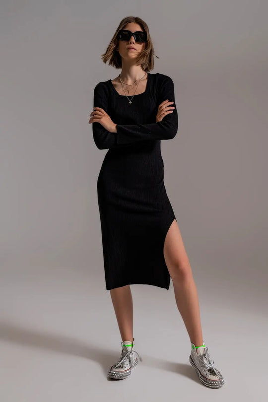 Midi Knit Dress With Square Neckline in Black - Dresses