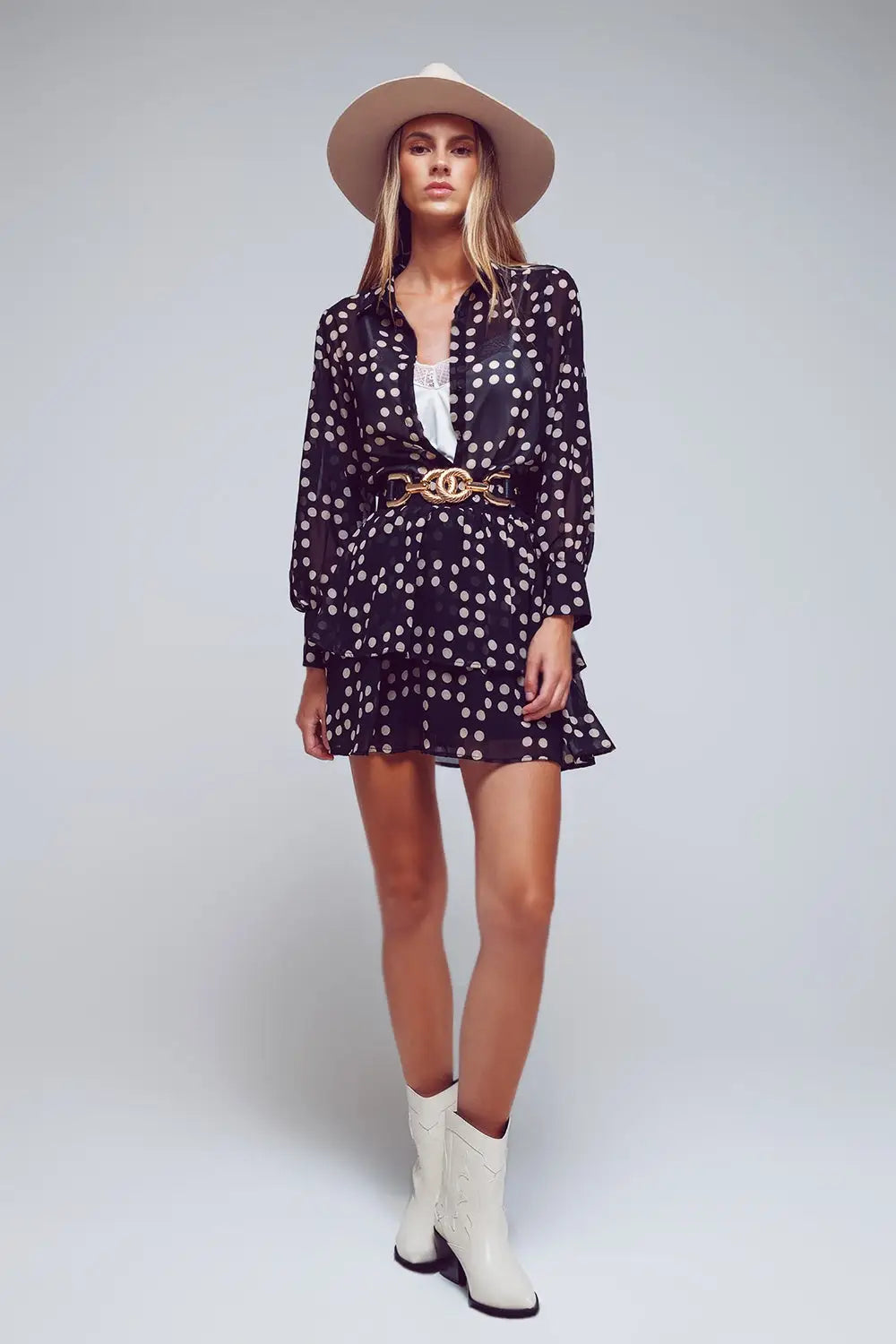 Tiered Mini Skirt in Black and Cream Polka Dots - Skirts