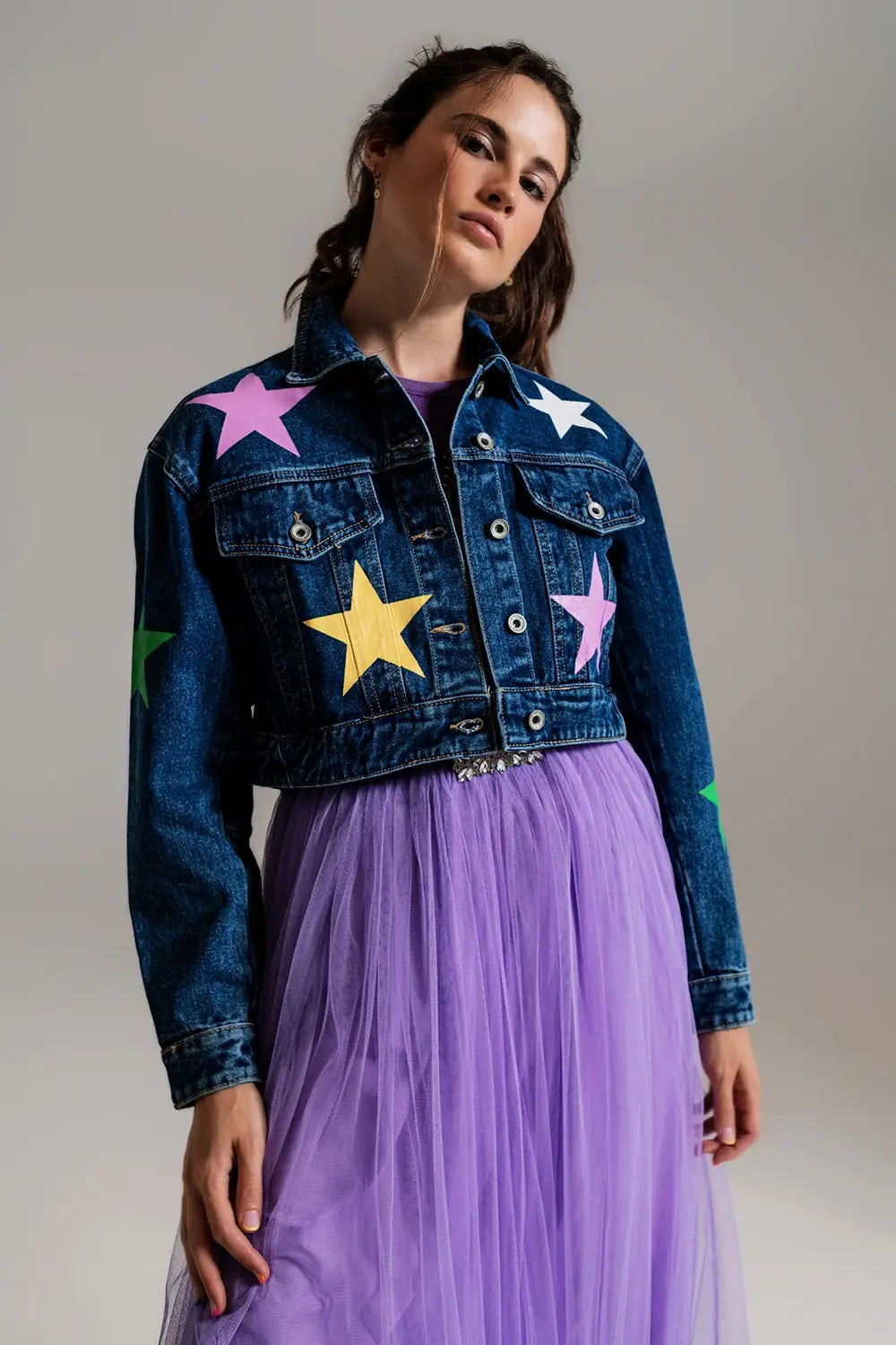 crop denim jacket with multicolored stars - Jackets