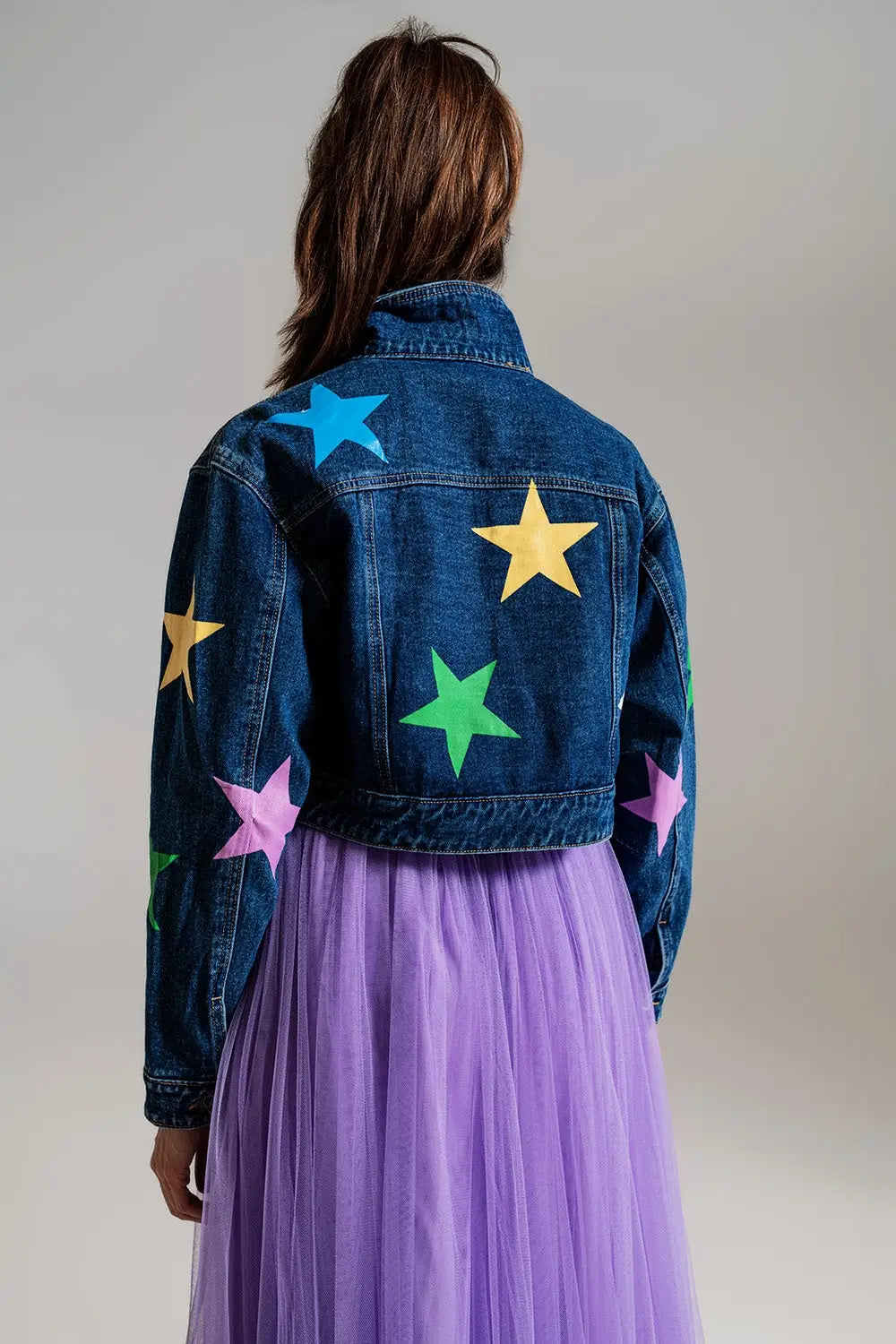 crop denim jacket with multicolored stars - Jackets