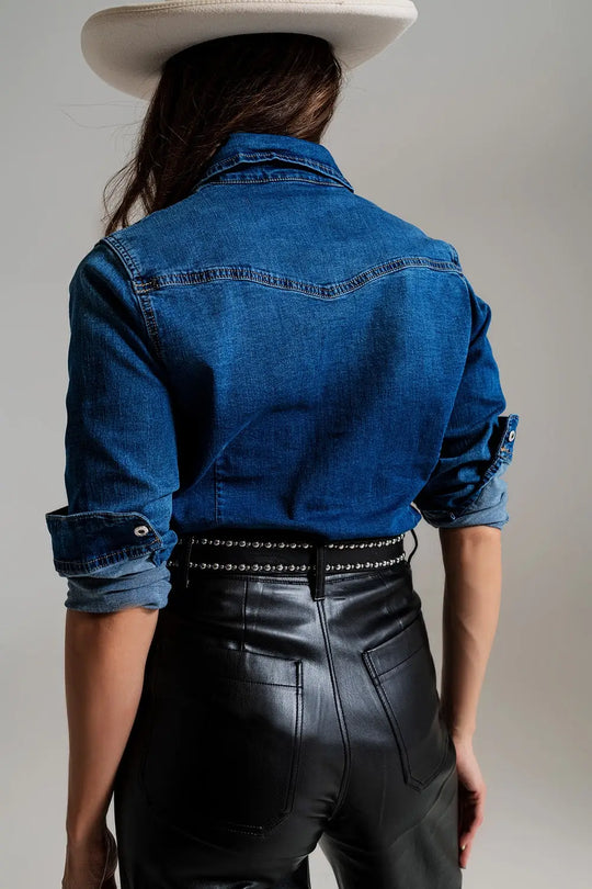 fitted denim shirt with black graphic details with strass - Shirts