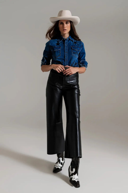 fitted denim shirt with black graphic details with strass - Shirts