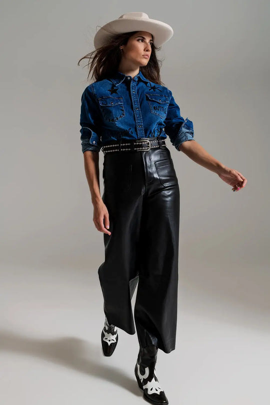 fitted denim shirt with black graphic details with strass - Shirts