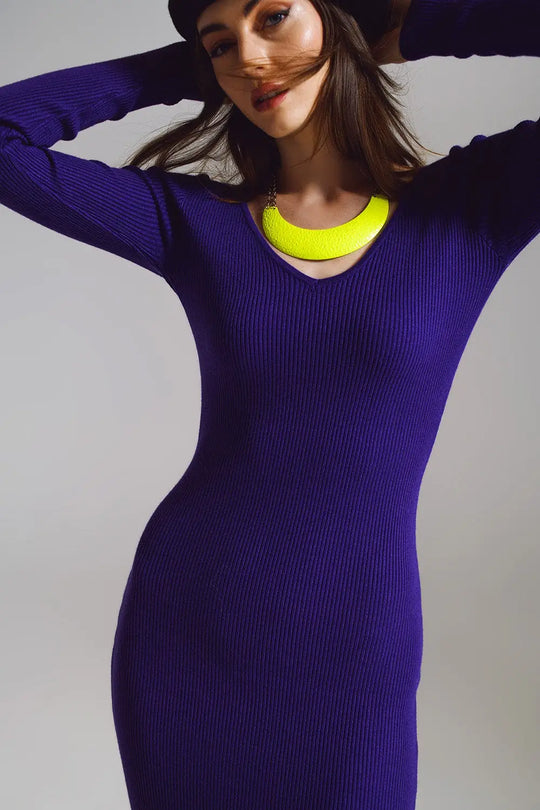 Bodycon Midi Knitted Dress With V-neckline in Purple - PURPLE / ONE - Dresses