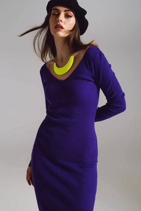 Bodycon Midi Knitted Dress With V-neckline in Purple - PURPLE / ONE - Dresses