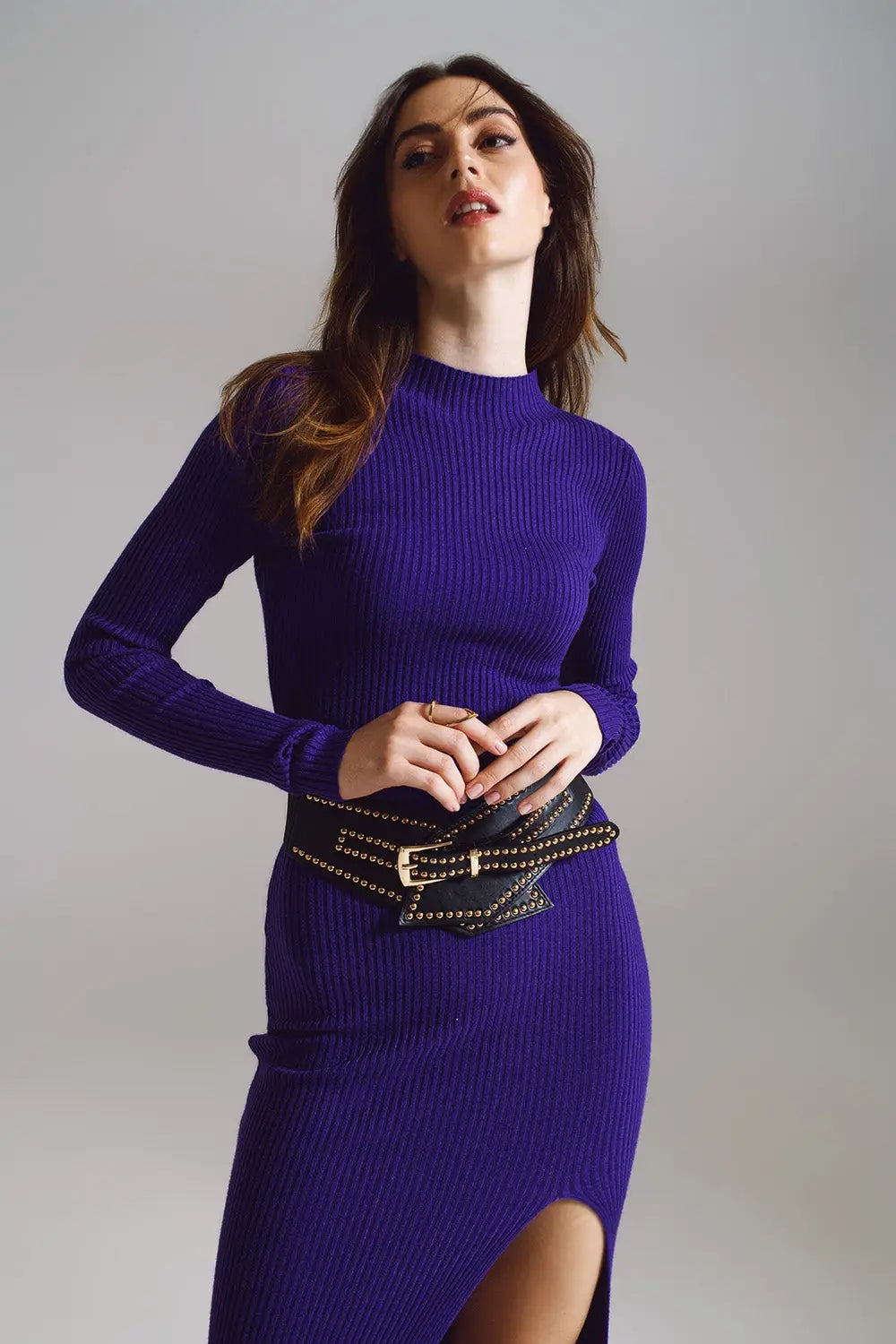 High Neck Maxi Knitted Dress In Purple - PURPLE / ONE - Dresses