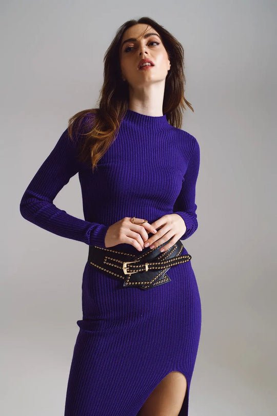 High Neck Maxi Knitted Dress In Purple - PURPLE / ONE - Dresses