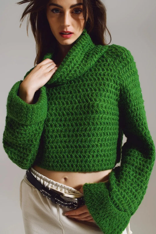 Waffle Knit Jumper With Turtle Neck and Rolled Cuffs in Green - GREEN / ONE - Sweaters