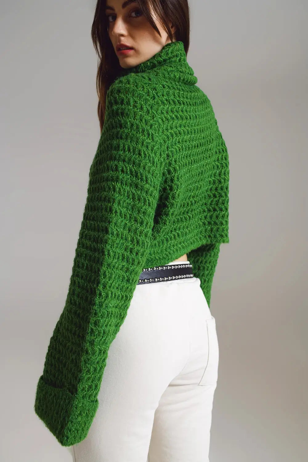 Waffle Knit Jumper With Turtle Neck and Rolled Cuffs in Green - GREEN / ONE - Sweaters