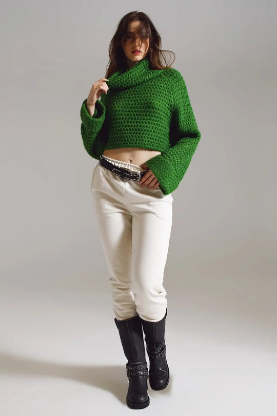 Waffle Knit Jumper With Turtle Neck and Rolled Cuffs in Green - GREEN / ONE - Sweaters