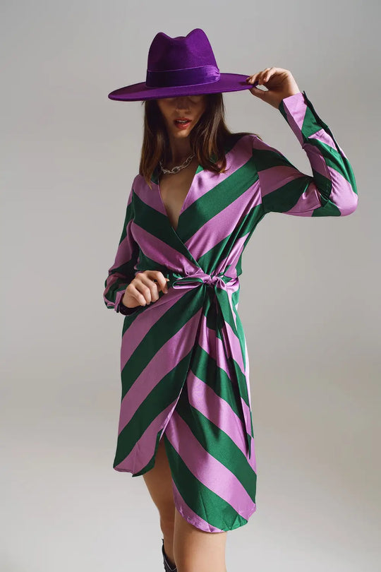 Satin Wrap Dress in Lilac and Green Striped Print - Dresses