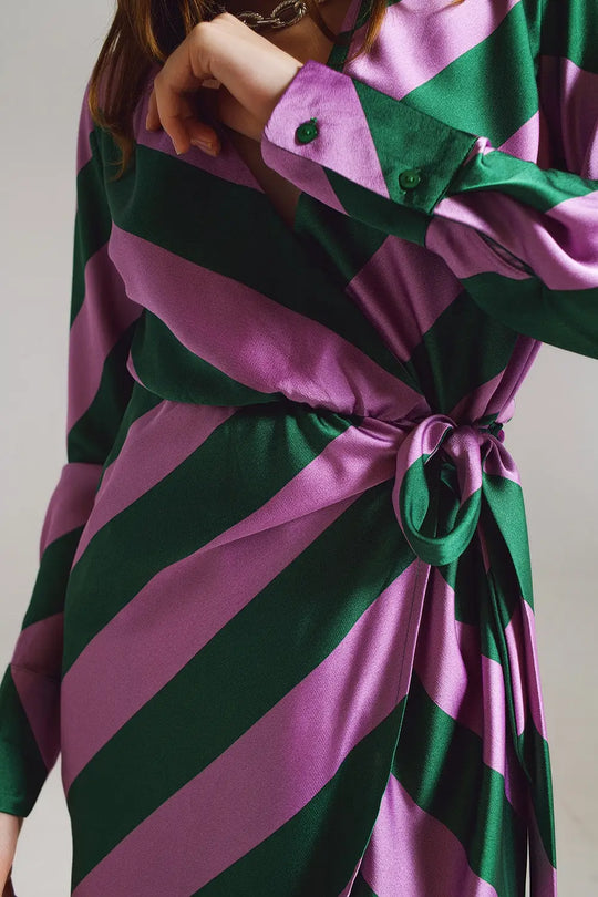 Satin Wrap Dress in Lilac and Green Striped Print - Dresses