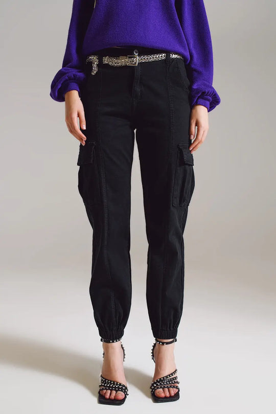 black cargo pants with elasticated waist and hem - Colored Jeans