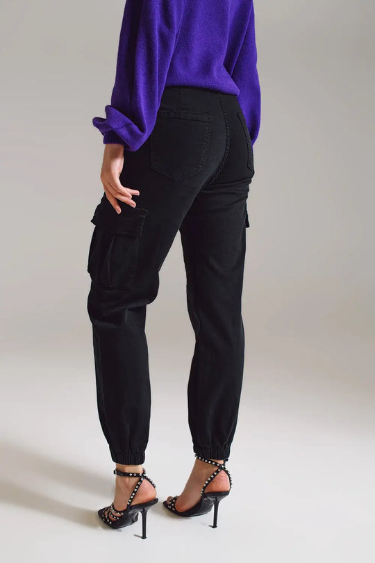 black cargo pants with elasticated waist and hem - Colored Jeans