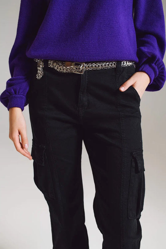 black cargo pants with elasticated waist and hem - Colored Jeans