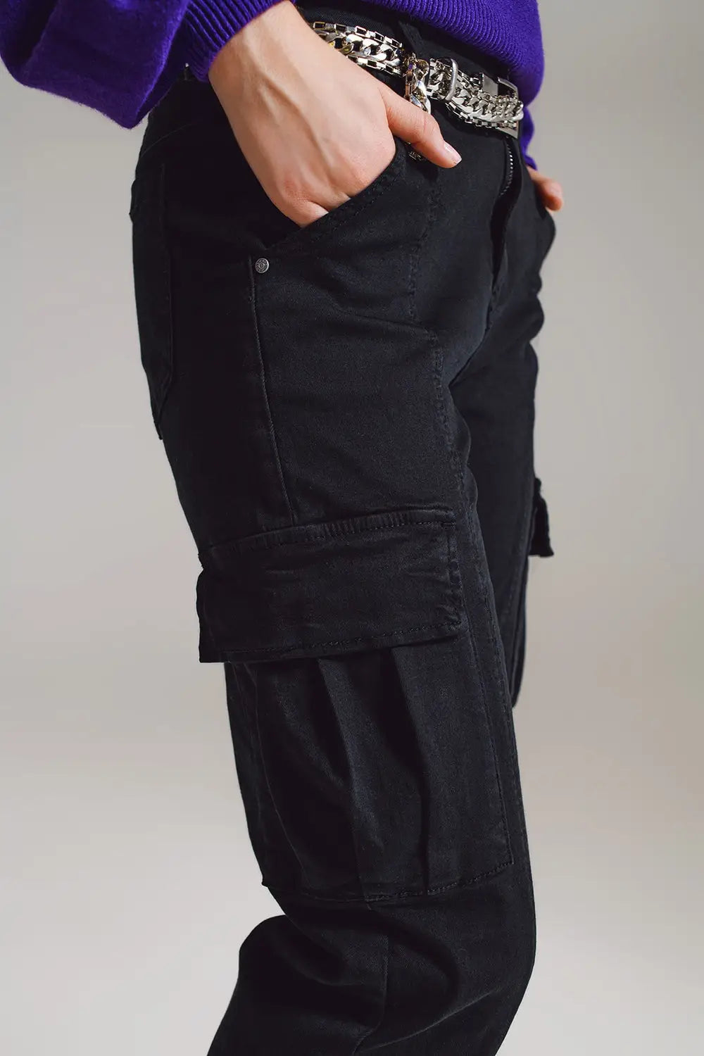 black cargo pants with elasticated waist and hem - Colored Jeans