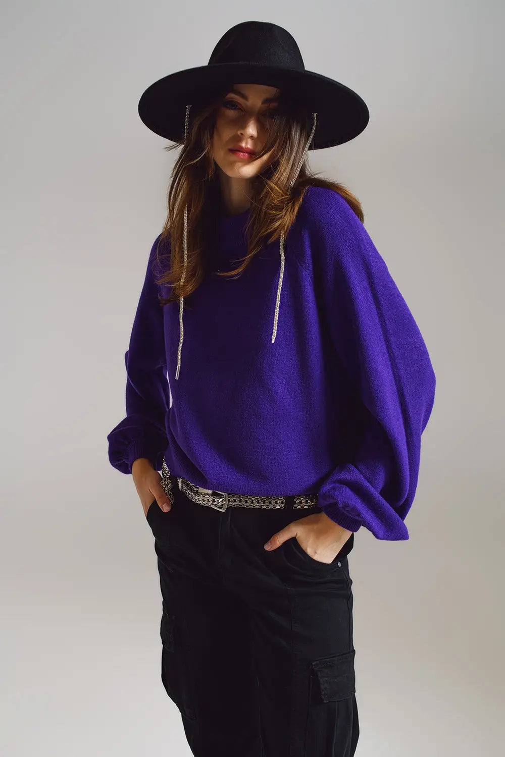 relaxed style purple jumper with balloon sleeves - PURPLE / ONE - Sweaters