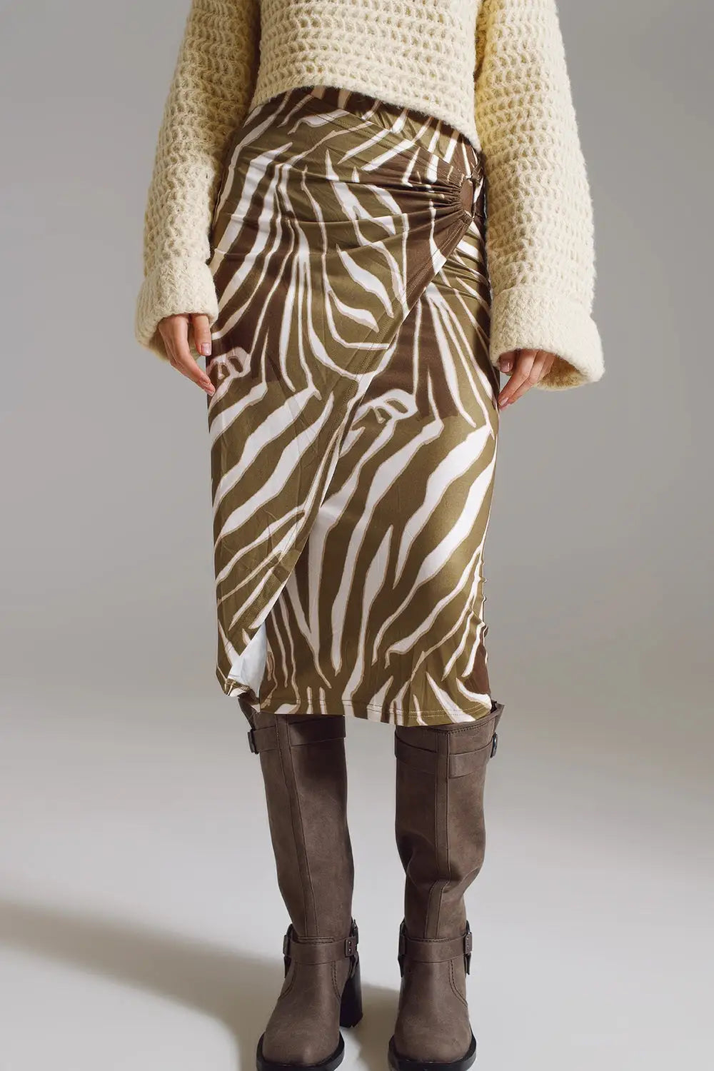 Wrap skirt with gathered detail at the side in Olive Green and Cream Zebra Print - Skirts