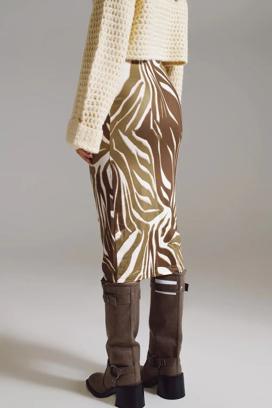 Wrap skirt with gathered detail at the side in Olive Green and Cream Zebra Print - Skirts