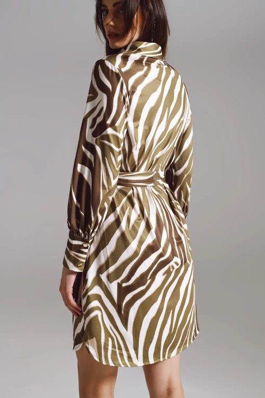 Midi short dress with zebra print in white and olive green - Dresses