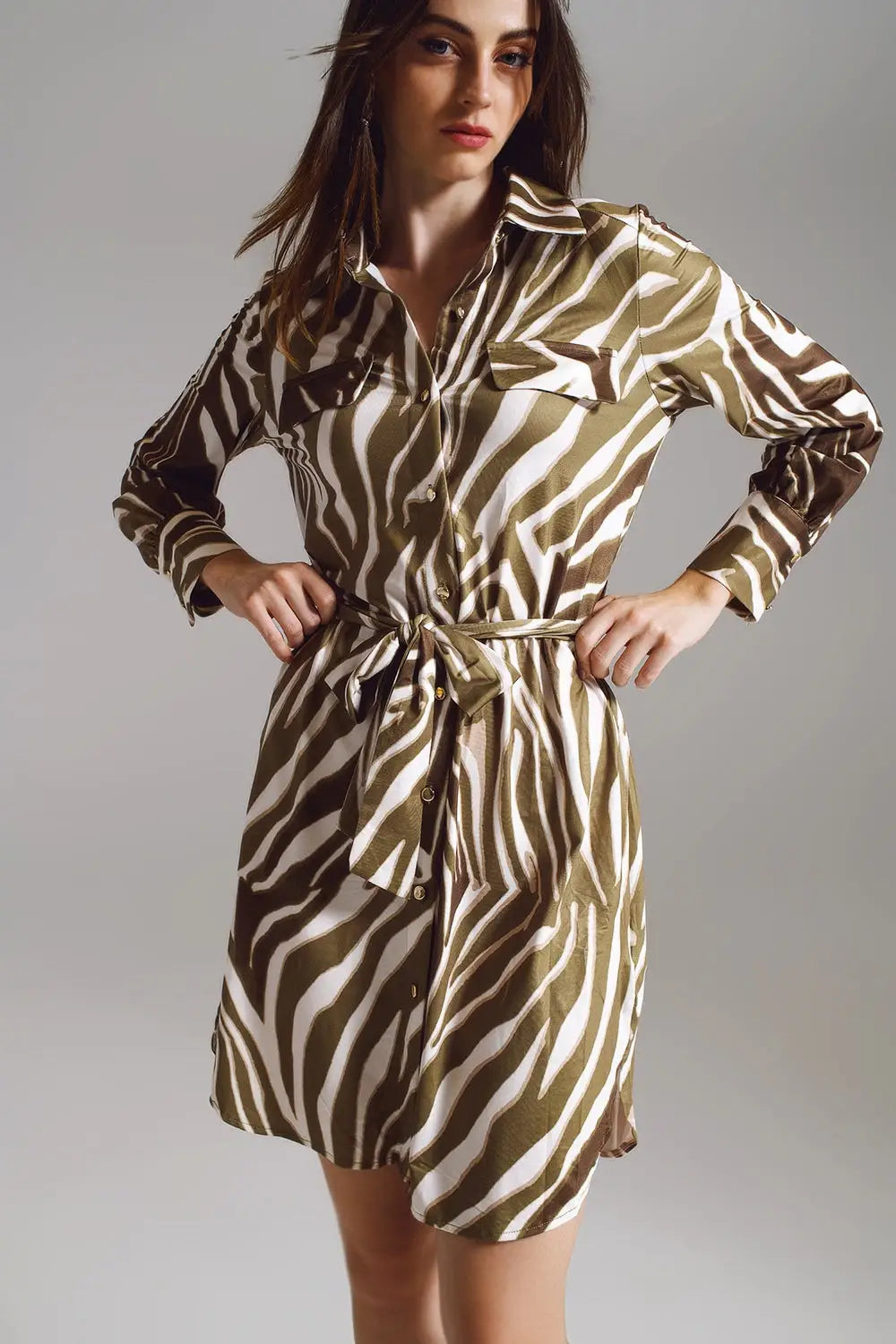 Midi short dress with zebra print in white and olive green - Dresses