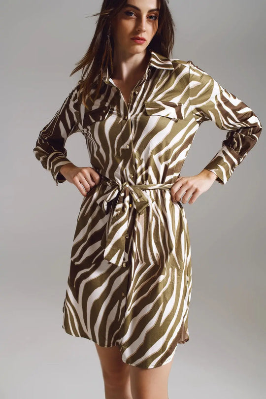 Midi short dress with zebra print in white and olive green - Dresses