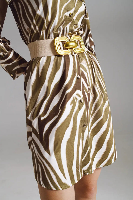 Midi short dress with zebra print in white and olive green - Dresses