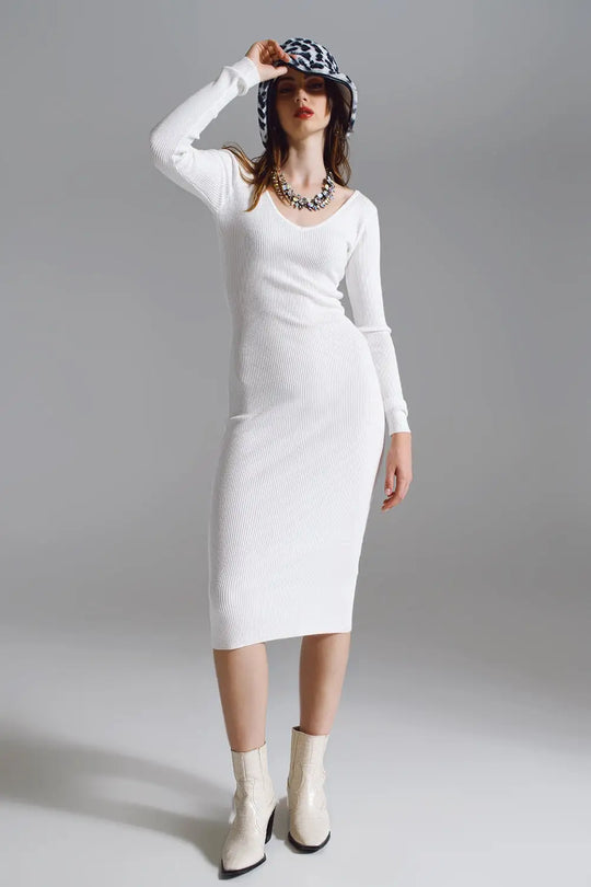 Midi bodycon knitted dress with V-neck in White - CREAM / ONE - Dresses