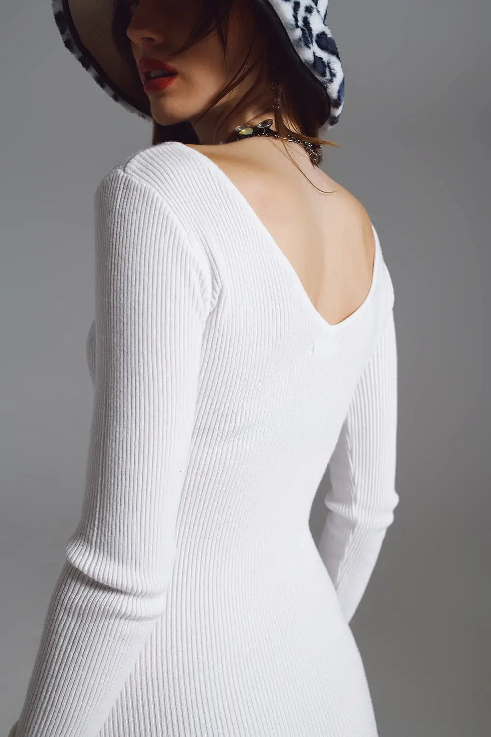 Midi bodycon knitted dress with V-neck in White - CREAM / ONE - Dresses