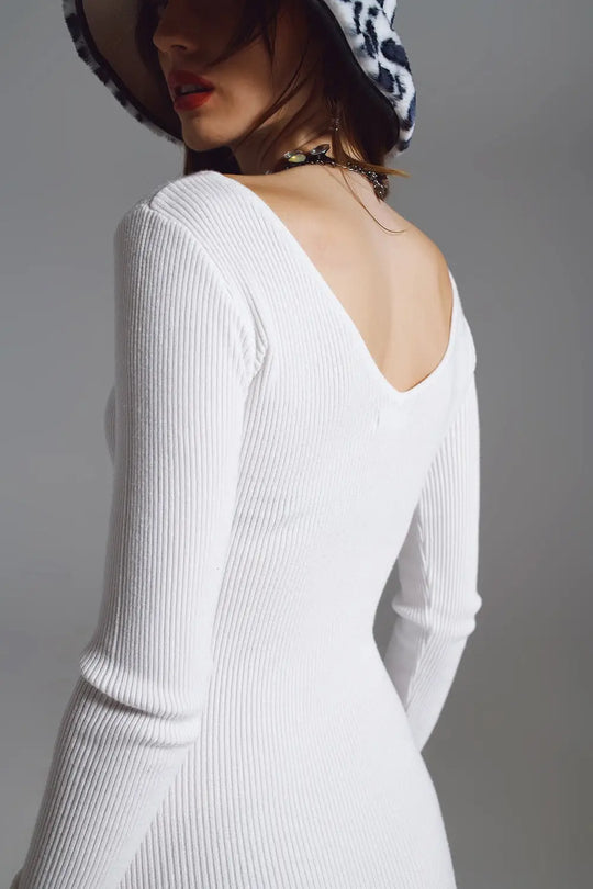 Midi bodycon knitted dress with V-neck in White - CREAM / ONE - Dresses