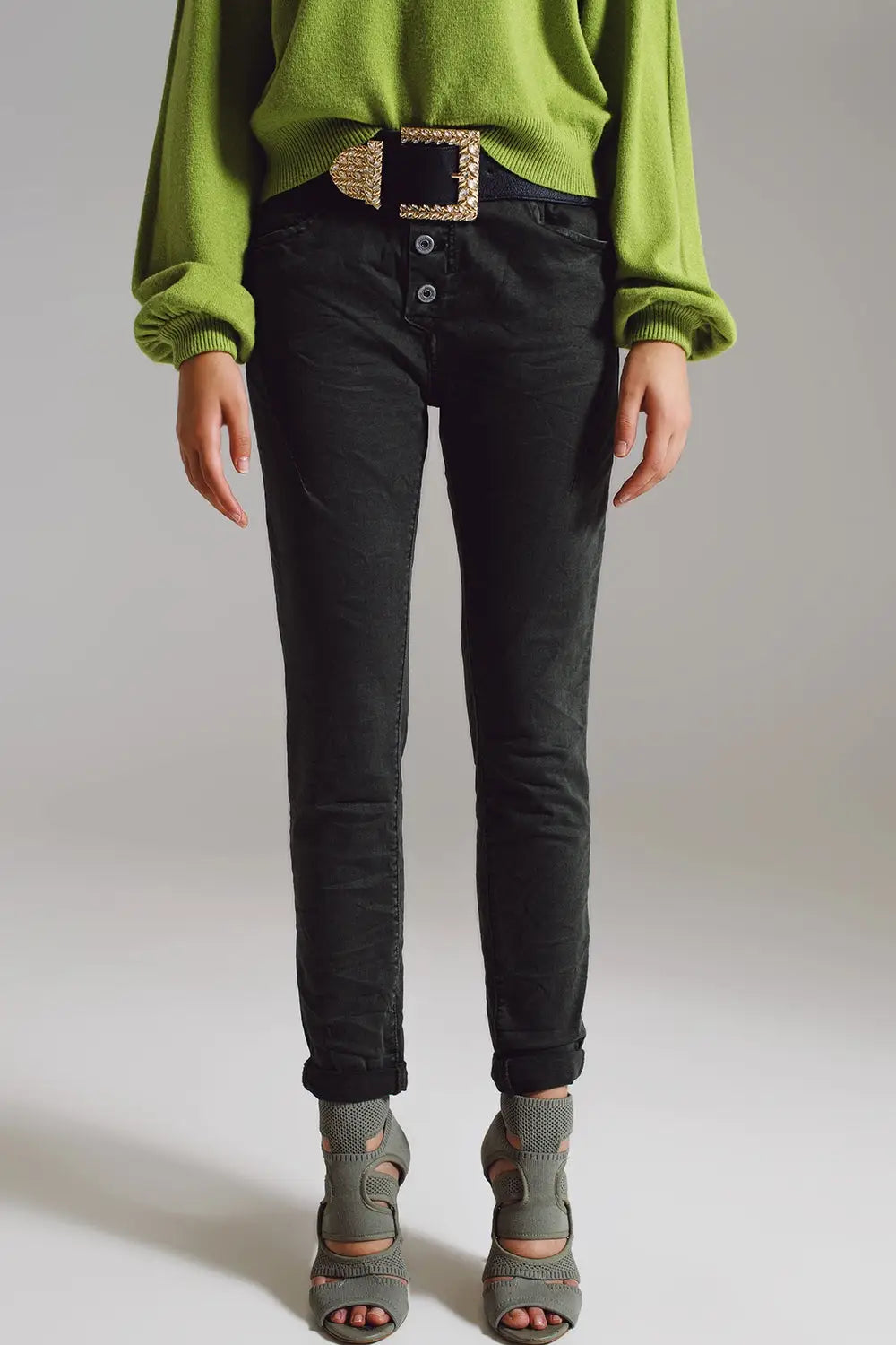 Skinny jeans with visible buttons in military green - Colored Jeans