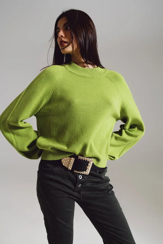 relaxed style green jumper with balloon sleeves - GREEN / ONE - Sweaters