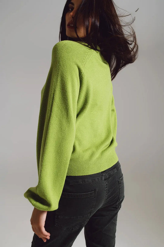 relaxed style green jumper with balloon sleeves - GREEN / ONE - Sweaters