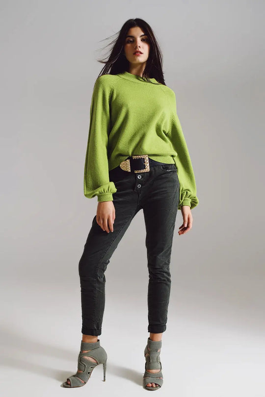 relaxed style green jumper with balloon sleeves - GREEN / ONE - Sweaters